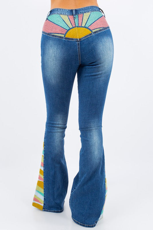 SUNRISE EMBROIDERY BOOTCUT BELLBOTTOM JEANS-W2345PIB