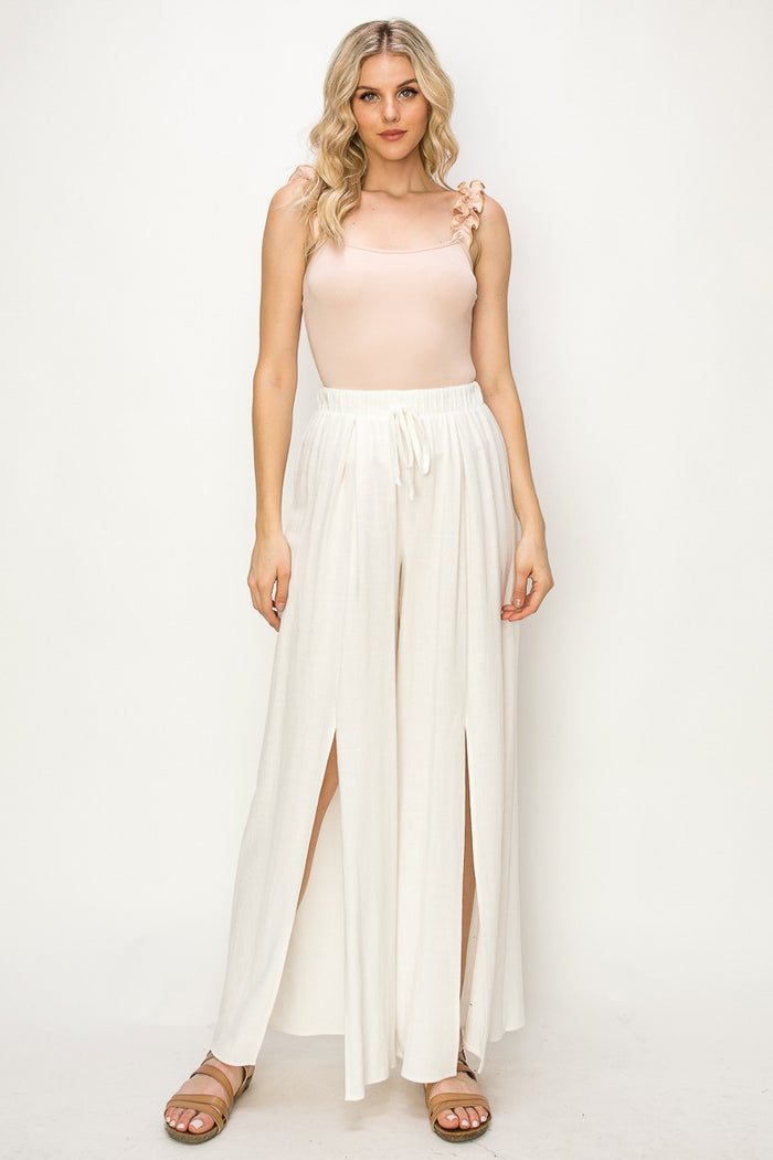 LINEN PALAZZO PANTS WITH FRONT SLITS W2327PE NATURAL