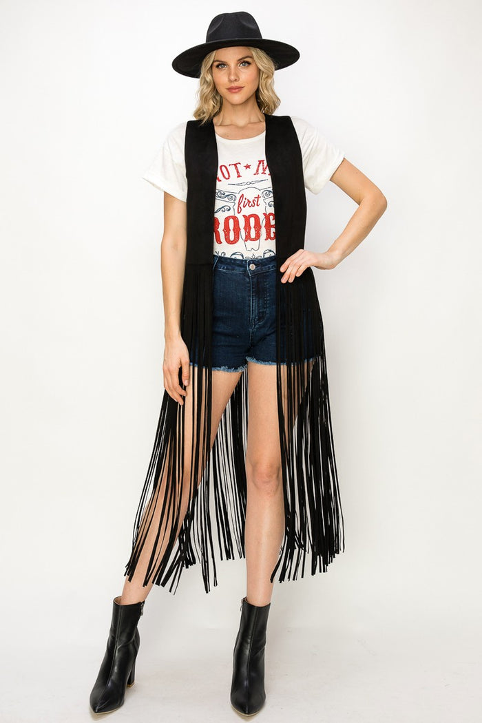 LONG FAUX SUEDE FRINGED VEST W6312JIA