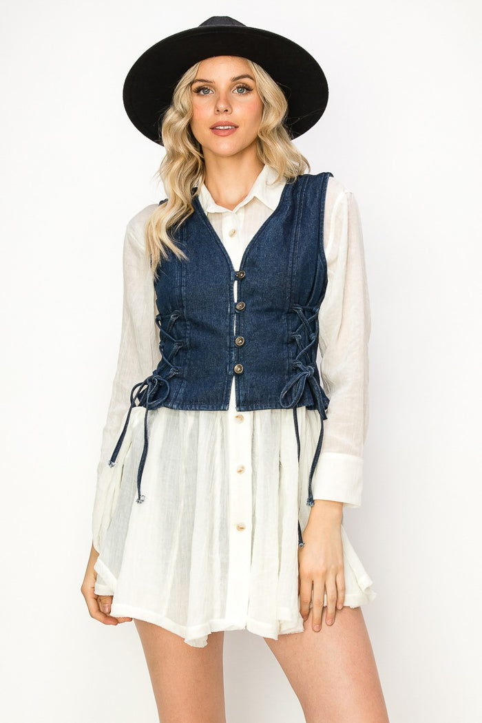 DENIM VEST WITH LACE UP SIDES W6402JIA DARK DENIM