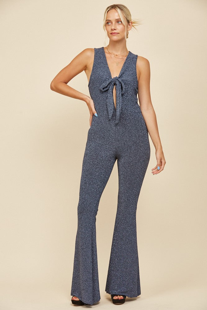 METALLIC FOIL STRETCH KNIT FLARE JUMPSUIT  W4420RA