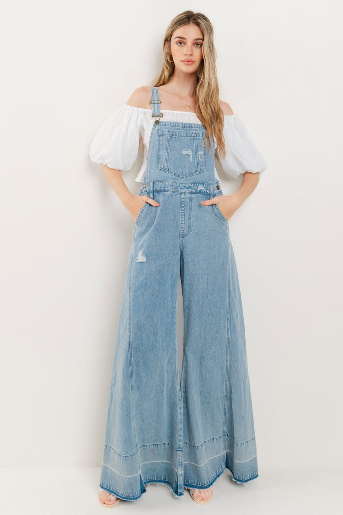 WIDE LEG DISTRESSED DENIM OVERALLS W4429RIA