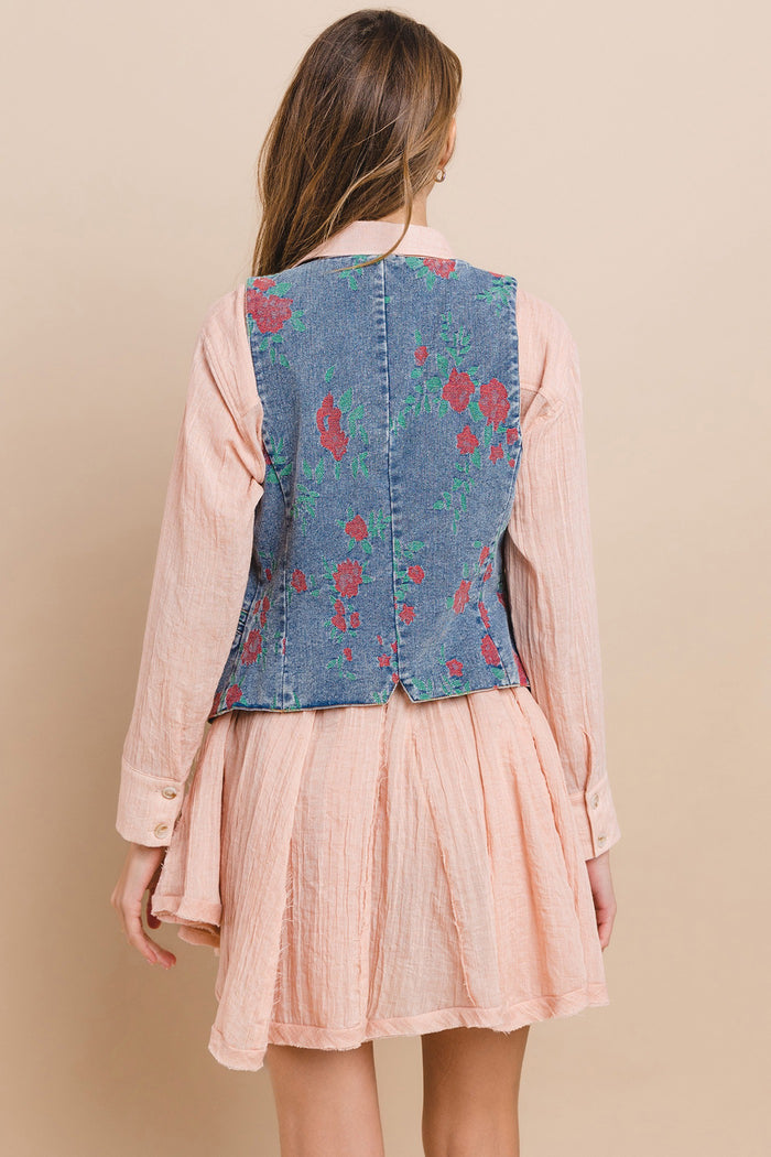 VINTAGE FLORAL EMBROIDERED STRUCTURED DENIM VEST W6318JID