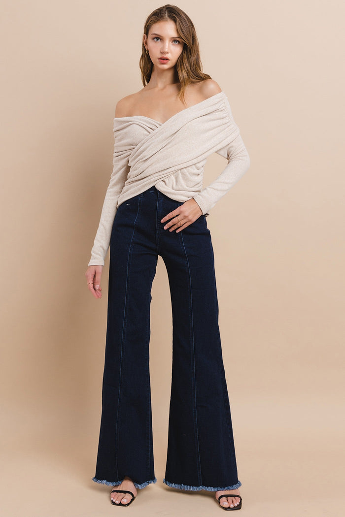 SOFT BRUSHED KNIT OFF SHOULDER RUCHED TOP - W1500TA