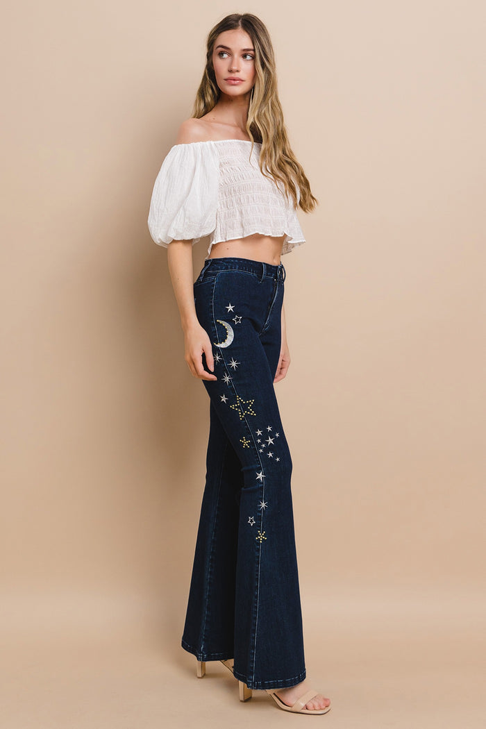 STAR EMBROIDERED FLARE BOOTCUT BELLBOTTOM JEANS W2352PIA