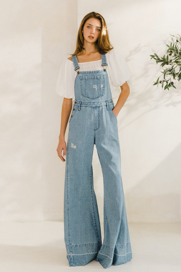 WIDE LEG DISTRESSED DENIM OVERALLS W4429RIA