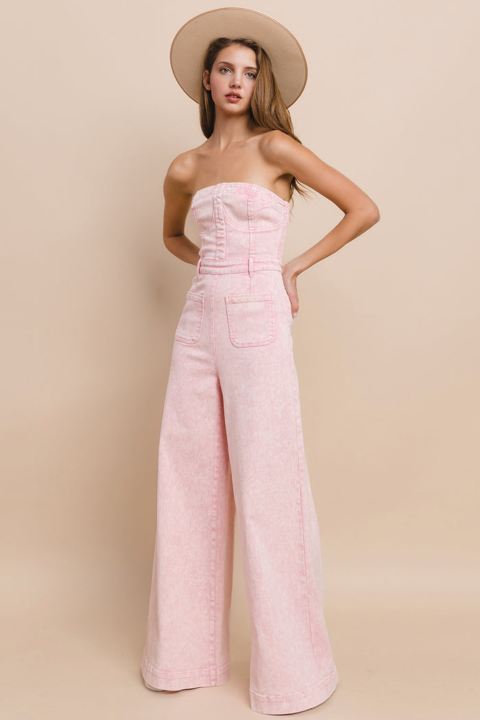 OFF SHOULDER WIDE LEG DENIM JUMPSUIT W4406RIB