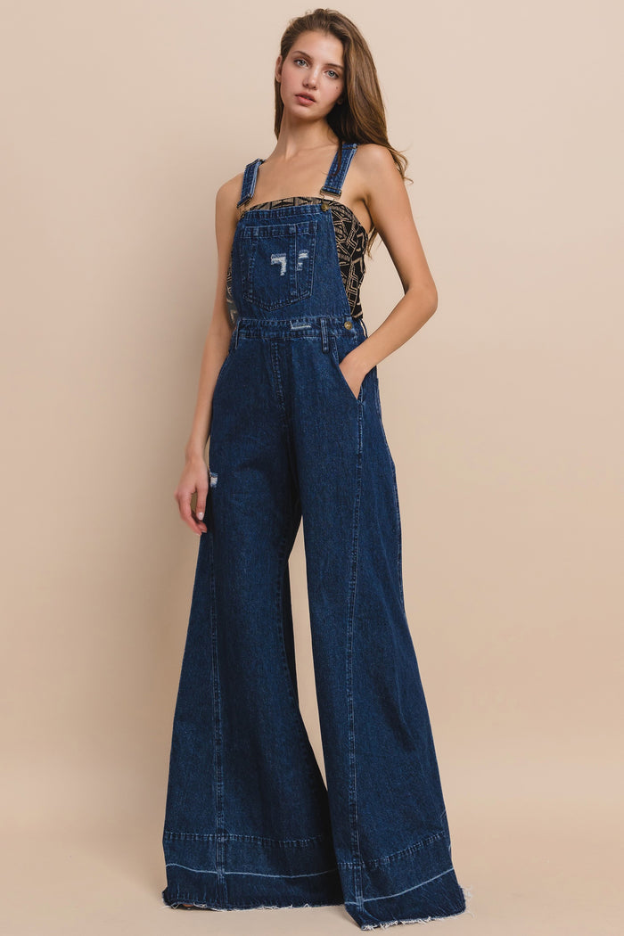 WIDE LEG DISTRESSED DENIM OVERALLS W4429RIA