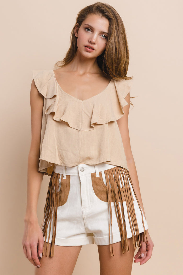 WASHED DENIM SHORTS WITH FAUX SUEDE FRINGES W2319PIA