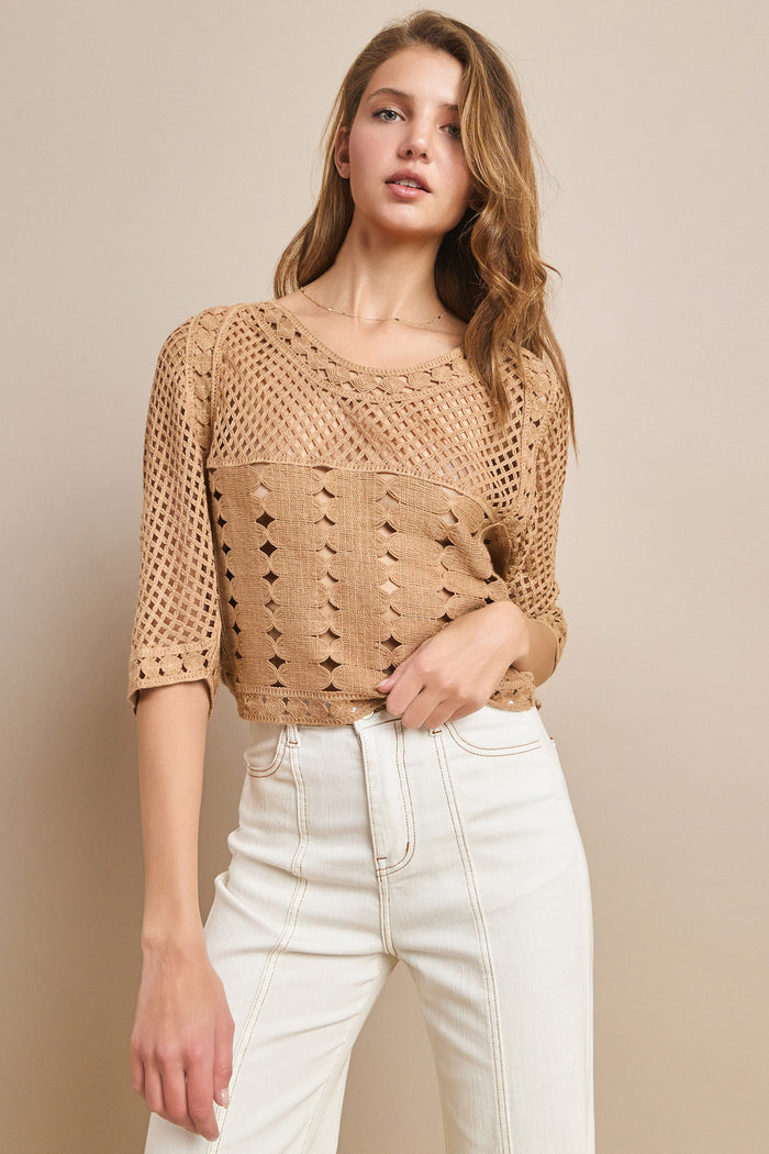 SHORT SLEEVE CROCHET KNIT TOP-W1364TIA