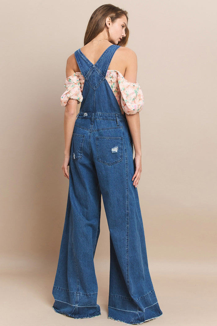 WIDE LEG DISTRESSED DENIM OVERALLS W4429RIA