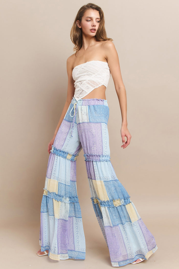 CHIFFON PATCHWORK PRINT TIERED PALAZZO PANTS W2373PG