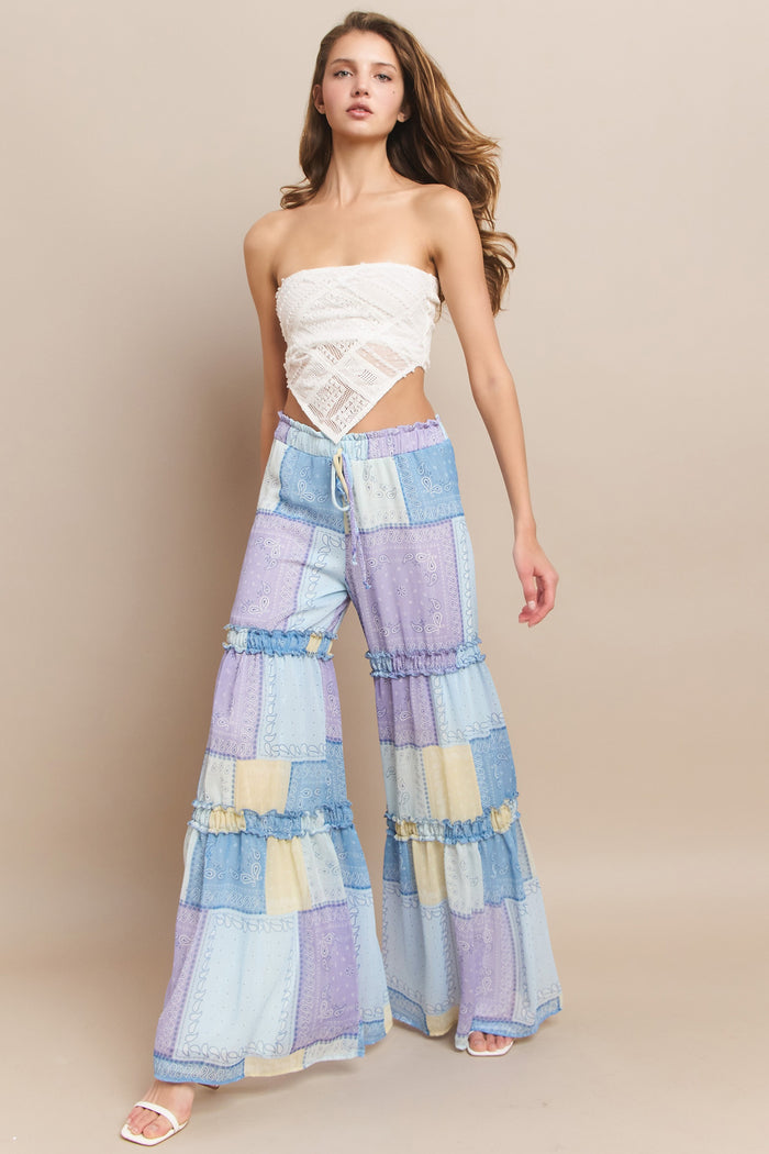 CHIFFON PATCHWORK PRINT TIERED PALAZZO PANTS W2373PG