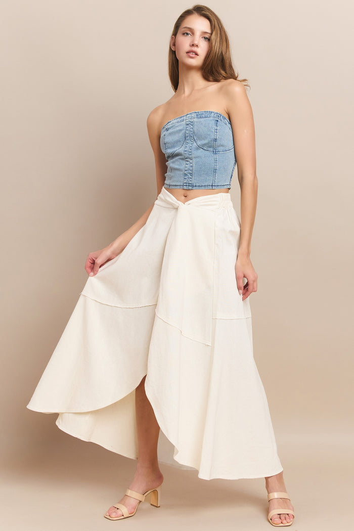 CREAM PRINT LINEN FAUX WRAP MAXI SKIRT W5331SIA