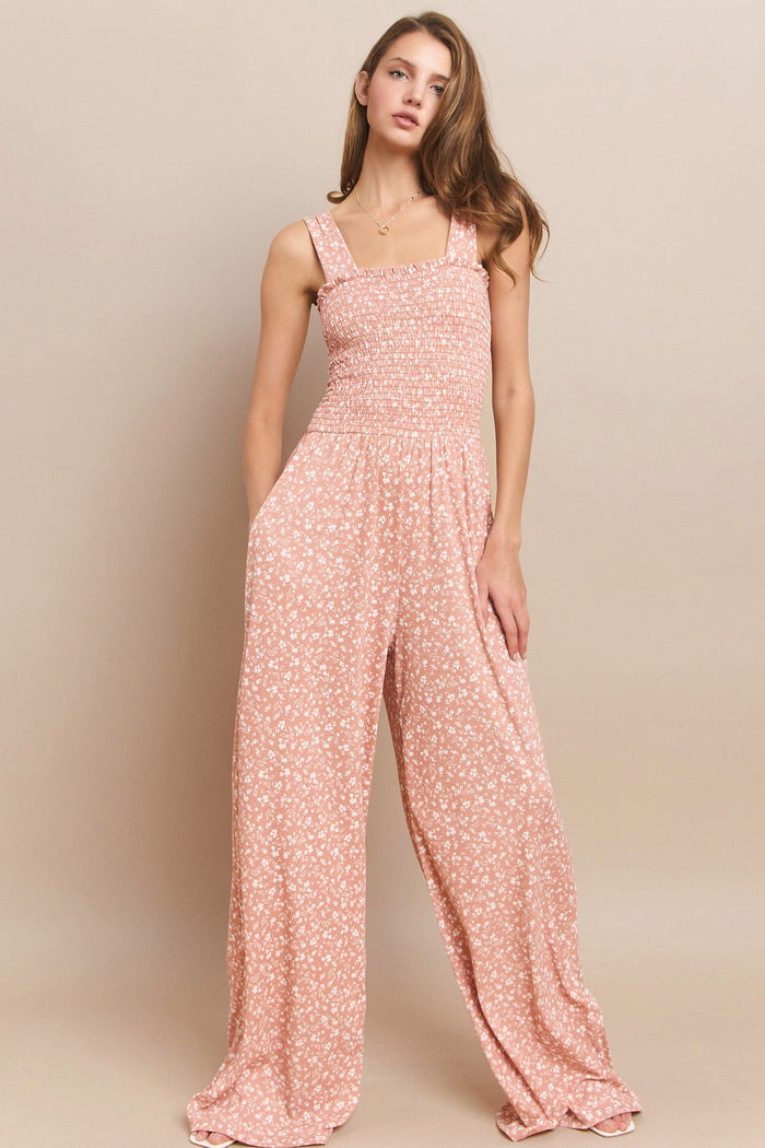 FLORAL PRINT KNIT SMOCKED JUMPSUIT W4451RA