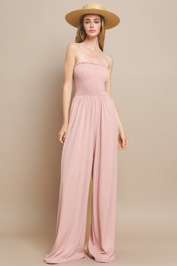 RIBBED KNIT SMOCKED TUBE JUMPSUIT W4466RA  BLUSH