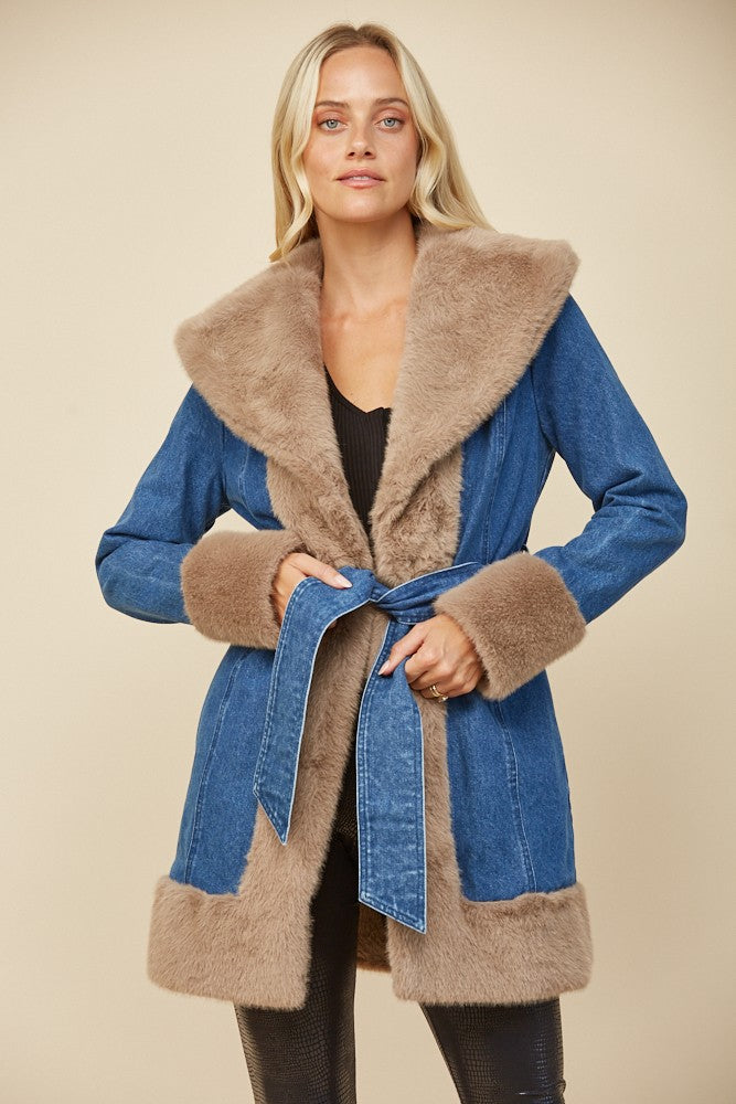 SOFT FAUX FUR LINED DENIM COAT WITH SASH W6411JIA