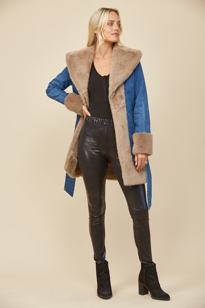 SOFT FAUX FUR LINED DENIM COAT WITH SASH W6411JIA