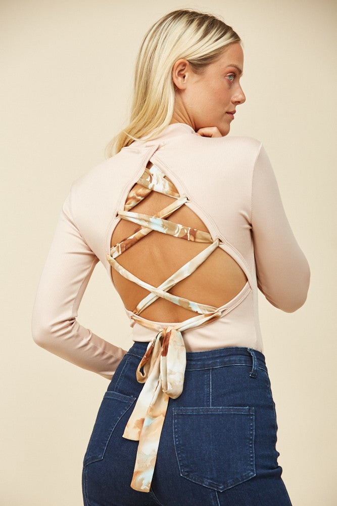 LACE UP BACK MOCK NECK LONG SLEEVE BODYSUIT W4349RA