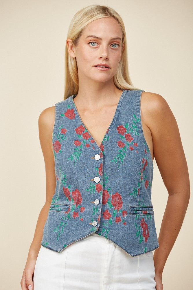 VINTAGE FLORAL EMBROIDERED STRUCTURED DENIM VEST W6318JID