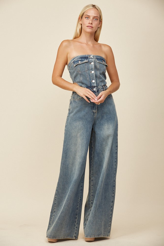 DENIM TUBE CUT OUT FULL LENGTH JUMPSUIT W4462RIA