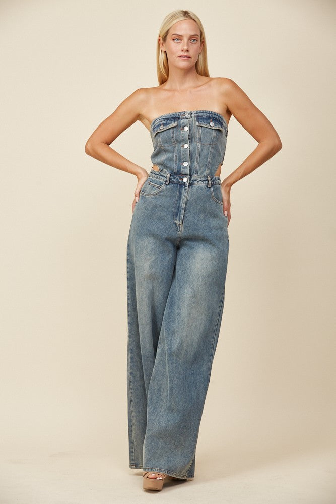 DENIM TUBE CUT OUT FULL LENGTH JUMPSUIT W4462RIA