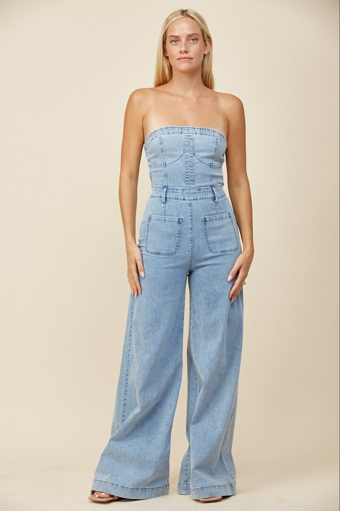 OFF SHOULDER WIDE LEG DENIM JUMPSUIT W4406RIA