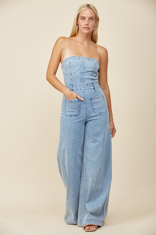 OFF SHOULDER WIDE LEG DENIM JUMPSUIT W4406RIA