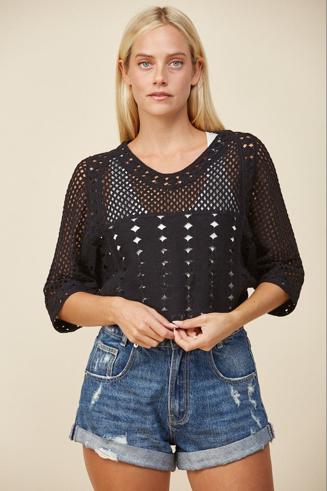 SHORT SLEEVE CROCHET KNIT TOP-W1364TIA