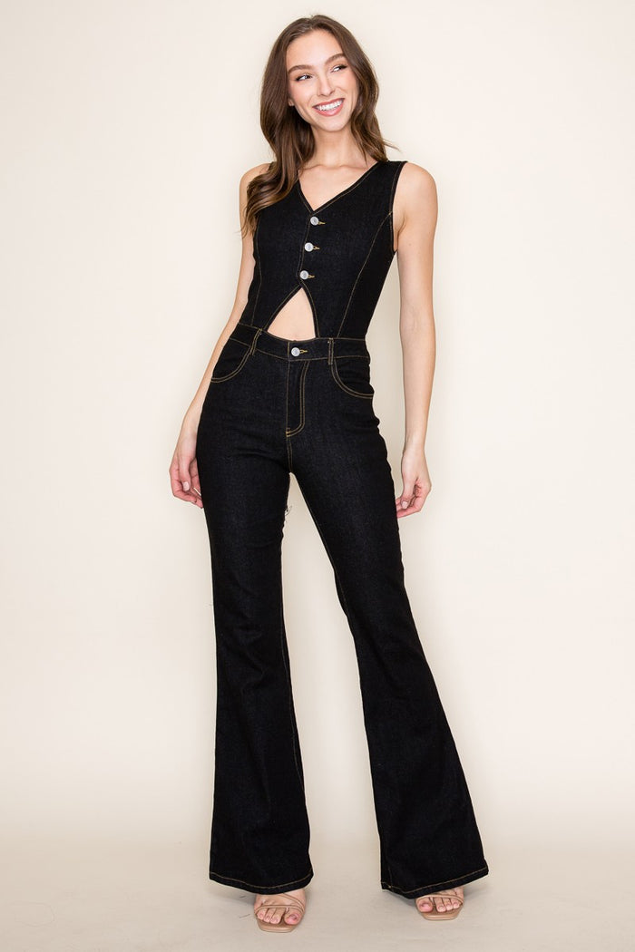 CUT OUT BOOTCUT DENIM JUMPSUIT W4441RIA