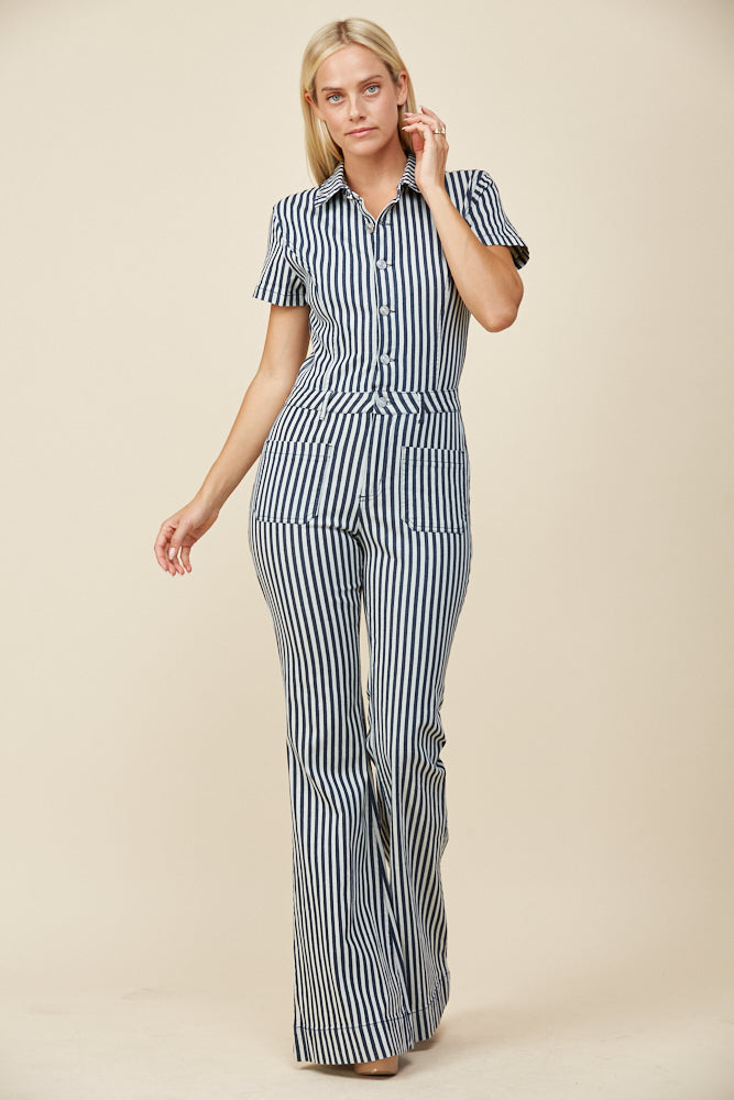 STRIPED DENIM FLARED JUMPSUIT-W4330RID