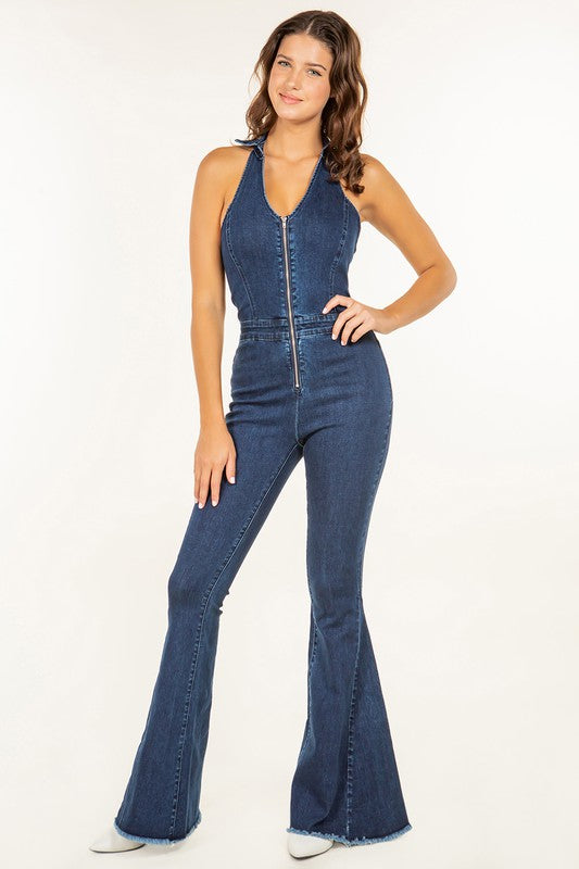 HALTER ZIP UP BELLBOTTOM JUMPSUIT W4302RIA