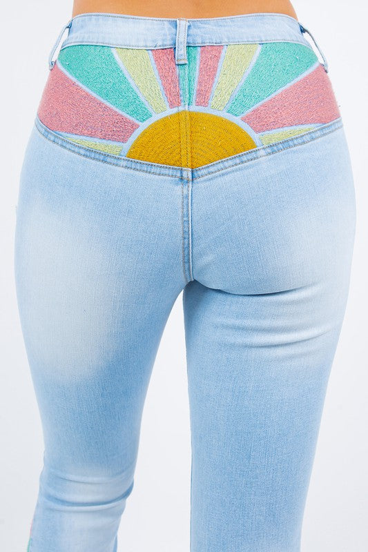 SUNRISE EMBROIDERY BOOTCUT BELLBOTTOM JEANS-W2345PIB